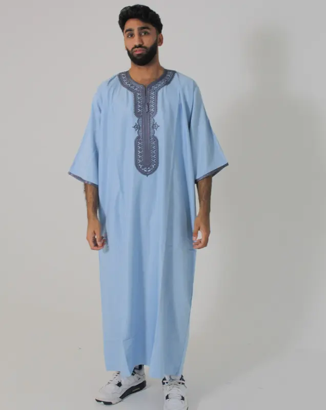 Classic Premium Summer Moroccan Thobe | Gabardine | Double Pocket | Elegant Embroidered Gandoura for Men 8