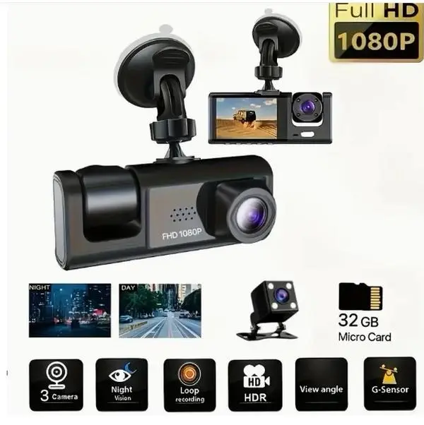 3 Channel Dash Cam - An Amazing Gifting Product - Front And Rear Inside, Dash Cam IR Night Vision, Loop Recording Car DVR Camera With 5.08 Cm IPS Screen 3 Cameras Car Dashcam dash  cam