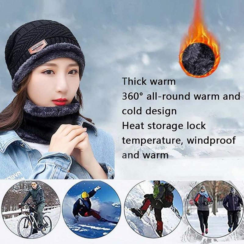 Hat Scarf Set Neck Cover Winter Warm Fleece Knitted Thick Ski Cap 5