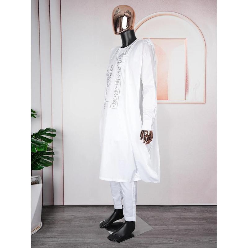 African Agbada (White & Grey) - nigerian traditional outfits Clothing Cotton - Mens Kaftan - African Menswear - African Garment - Long Sleeve Suit 2
