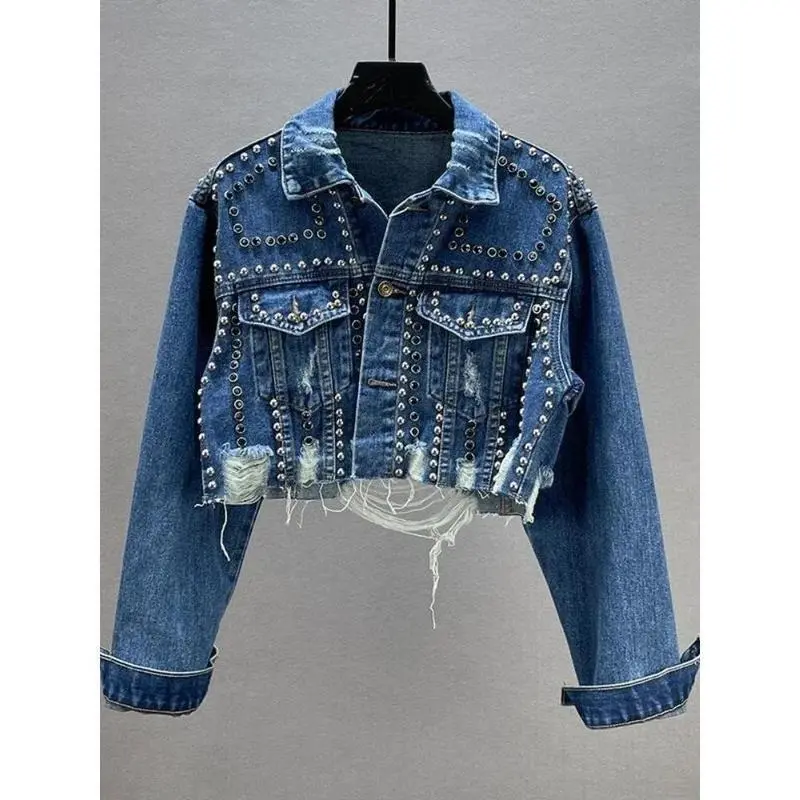 Womens Denim Jacket 2024Spring Summer New In Heavy Industry Rivet Studded Jean Jacket Women Worn Nail Bead Jean Jacket Top