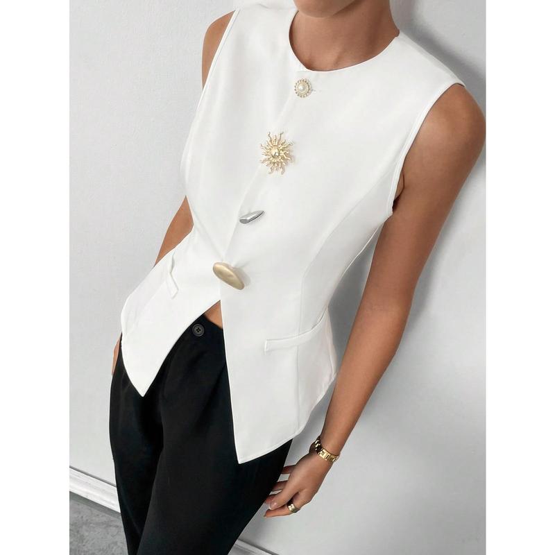 Siren Gaze Chalecos Para Mujer White Hardware Button A-Slit Vest Top Women's White Sleeveless Vest With Metal Buckle, Autumn 5