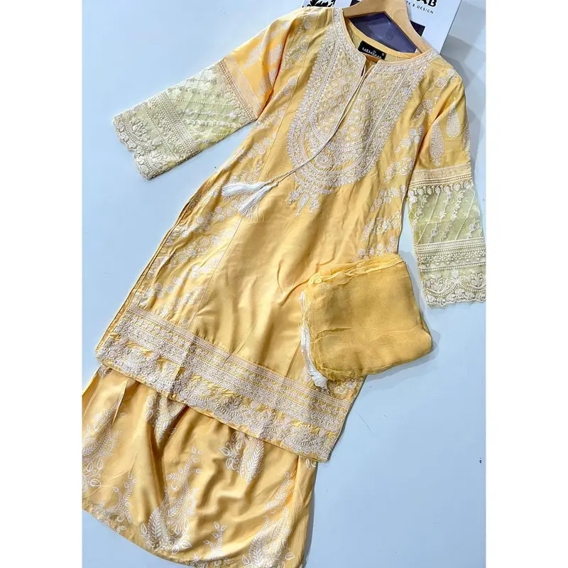 HK181 Bekhud Readymade Yellow Linen Mother & Daughter Suit 5