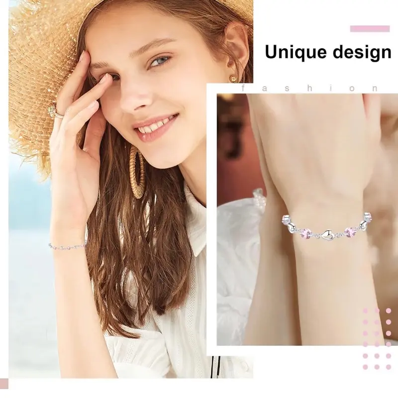 Luckimoli Silver Heart Bracelet with Shiny Crystal Diamond for Women, Adjustable Jewelry Gift for Mother's Day, Birthday, Christmas 2