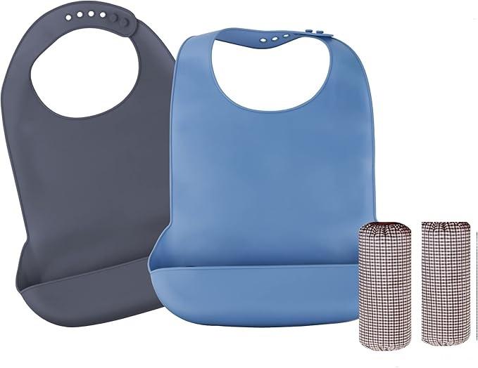 Aedcbaide 2 Pack Silicone Adult Bibs, Waterproof Silicone Wearing Bibs with Oversleeves, Food Crumb Catcher Pocket Clothing Protector Reusable for Eating, Soft Wipeable Adjustable Bib for Elderly (M SIZE) 4