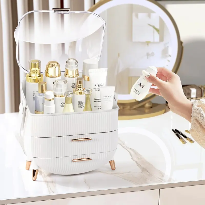 Makeup Organiser Storage Box, Cosmetics Display Case with Transparent Cover, Dust Proof Waterproof Cosmetics Storage Box Suitable for Bathroom Countertop and Bedroom Vanity Dresser (White) Decor 3