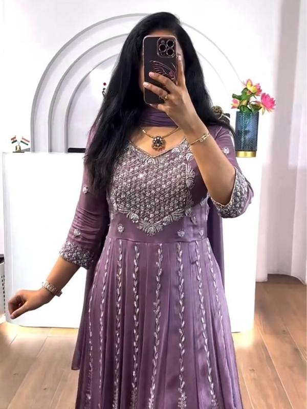 Luxury Embroidered Chinon Gown with Dupatta Comfort Outfit Traditional Women Womenswear Dress Dupatta Elegance Embroidery Elegant Soft Flared Flowy Formal Matching Party Piece Round Neck Sequins Sleeves Sleeves Statement 4
