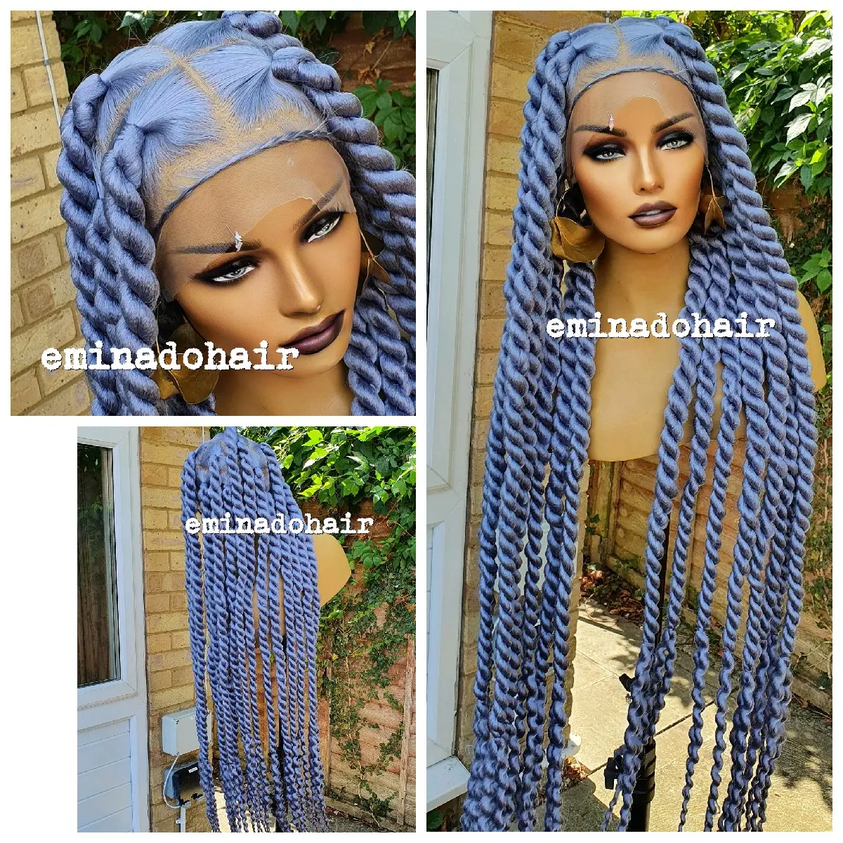 Full lace wig, Jumbo Knotless Rope Twists Mettalic Grey