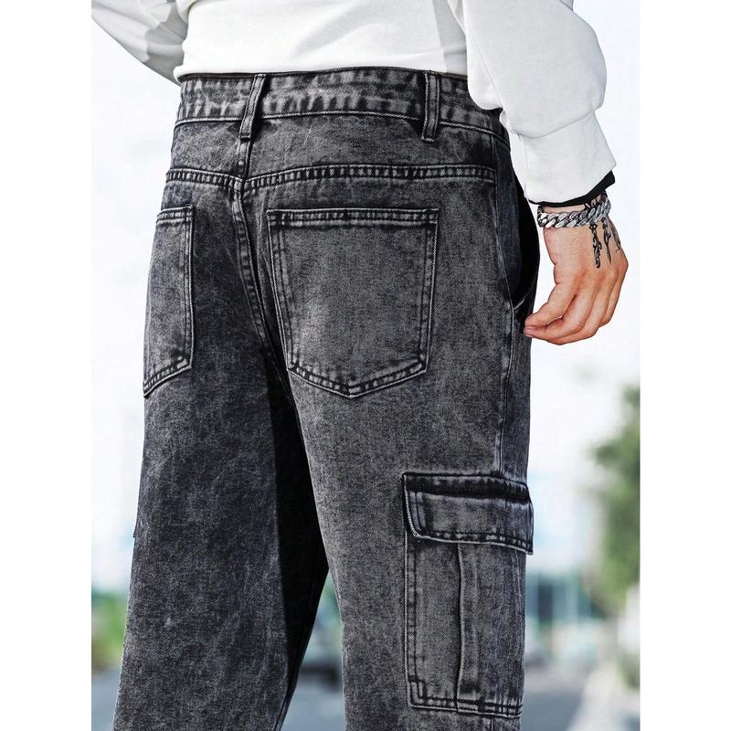 Manfinity RivetRise Men Flap Pocket Side Cargo Jeans, Plain Long Straight Leg Cargo Dark Grey Washed Cargo Jeans, For Husband, Boyfriend Gifts Menswear Viscose 5