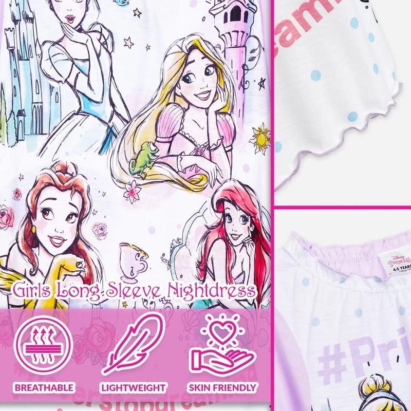 Disney Princess Girls Nightdress Long Sleeve Nighty Nightie Character Nightwear Sleepwear Pyjamas Pjs Pajamas Frill Frilly Pink Toddler Kids Childrens Night Dress Cinderella Rapunzel Ariel Belle 2 3 4 Years 4