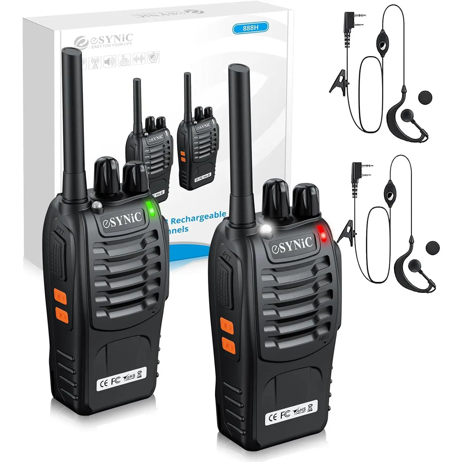 eSynic 2Pcs Professional 2 Way Radio Walkie Talkies Portable Adult Walkie Talkies Rechargeable Support 16 Channel VOX Function with Original Earpieces Perfect for Daily Use Audio Communication Mother's Day Gift Durable