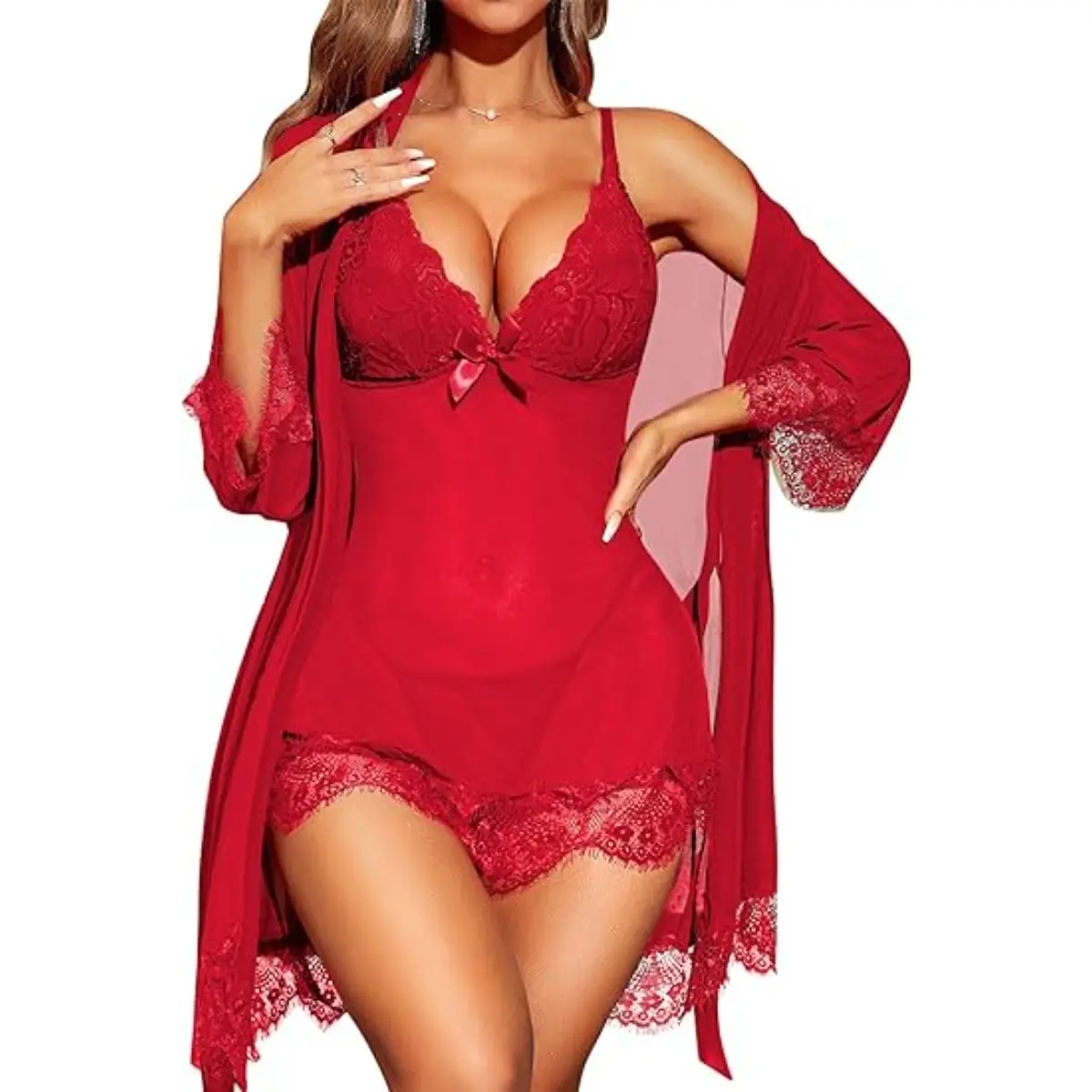 Sexy Lingerie for Women Lace Babydoll with Robe Nightdress Sleepwear
