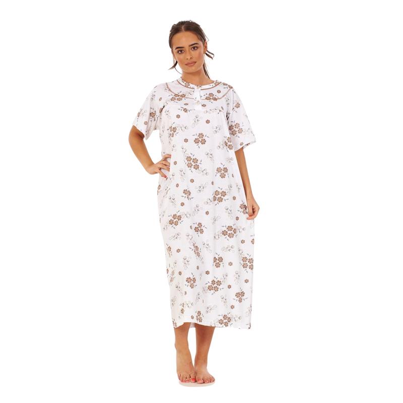 Product Introduction of Women's Long Night Dress 100% Cotton Short Sleeve Crew Neck Floral Print Breathable Comfortable Nightwear and Loungewear Outfit 5