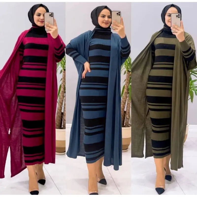 Strips Women’s Knitted Turtleneck Dress and Knitted Cardigan Set Womenswear 3