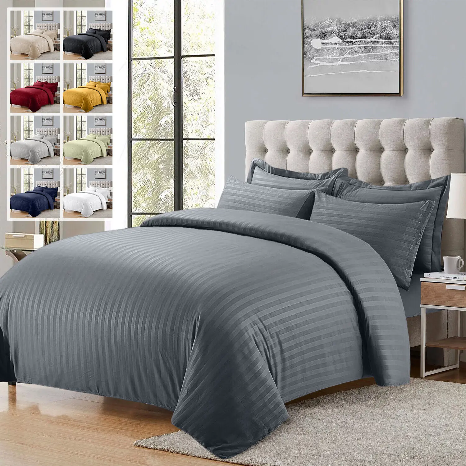 Luxury Satin Stripe Duvet Quilt Cover Bedding Set Single Double King Size With Pillowcases Quilt Covers Machine Washable King Size Soft Microfibre Hypoallergenic Soft Breathable Bed Covers