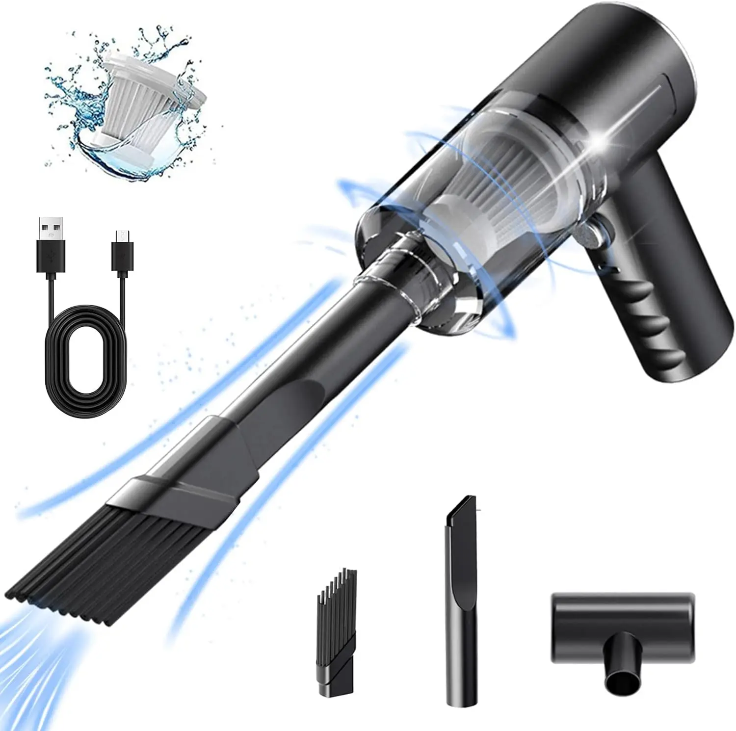 Handheld Vacuum Cordless, 6000Pa Rechargeable Portable Lightweight Mini Vacuum Cleaner, USB Car Vacuum Cleaner High Power Suction, Cleaning for Pet Hair, Car, Home, Office, Kitchen, Black