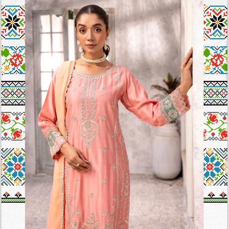 Simrans Afroze Peach Embroidered Viscose Piece Suit 1