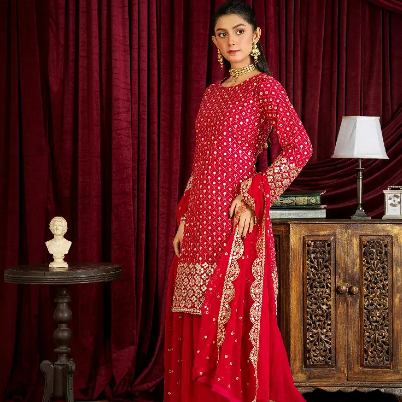 Luxury Chiffon 3pcs dressFormalwear with Heavy Embroidered Duppta and crush plazo Comfort Long Sleeve. 0
