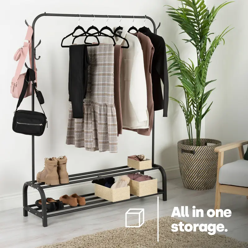 Clothes Storage Rail with Hooks & Shoe Rack - Black 1