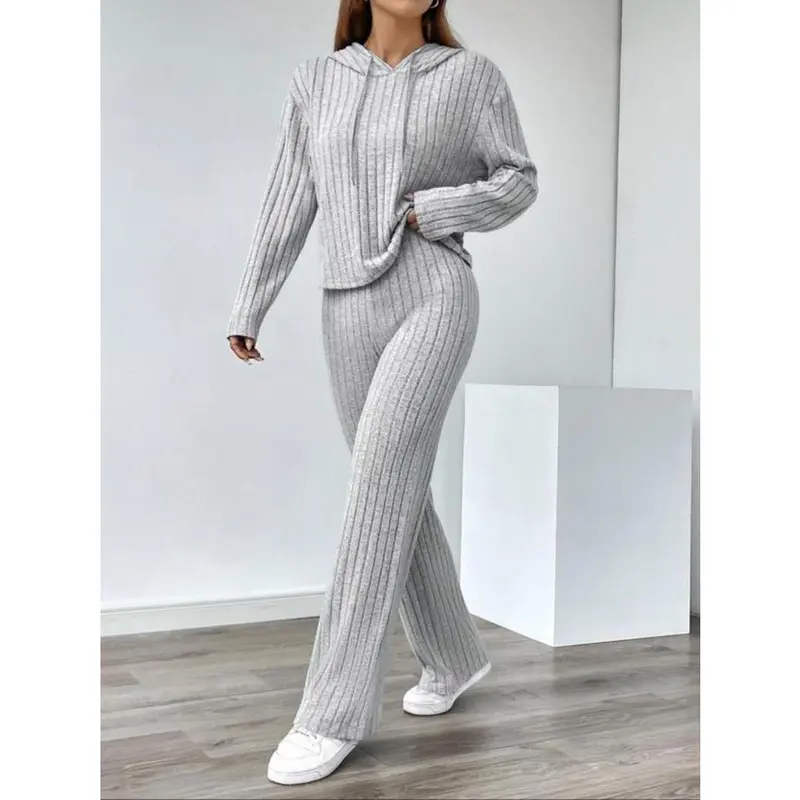 Women's Solid Color Drop Shoulder Drawstring Hooded Sweatshirt & Pants Ribbed Two-piece Set, Casual Fashion Cozy Breathable Two Piece Outfits for Daily Outdoor Wear, Ladies Clothes for All Seasons 0