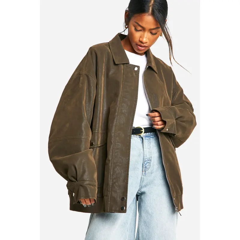 Vintage Look Faux Leather Oversized Bomber Jacket 0