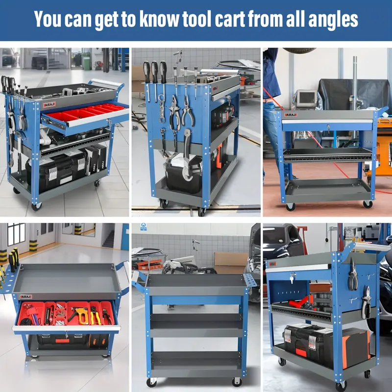 3 Tier Rolling Tool Cart, Mechanic Tool Cart On Wheels, Industrial Utility Cart With Drawers And Pegboard, 199.58 KG Capacity Tool Storage Cart For Garage, Warehouse, Blue 4