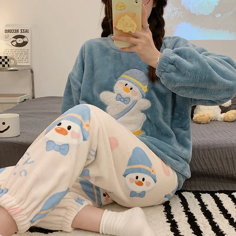Autumn Winter Warm Flannel Women's Pajamas Set Long-sleeved Trousers Two-piece Set Cute Soft Home Wear Clothes for Women 3