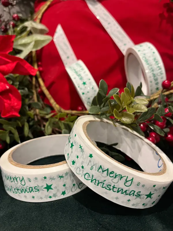 Vibac Christmas Printed Tape - Durable White Background with Merry Christmas and Stars Print - 25 mm x 33 metres 1