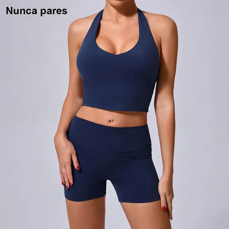 Yoga Leggings Set Women Seamless Yoga Set 2 Pieces Push Up Shorts Halter Sports Bra Workout Sets Gym Clothes 0