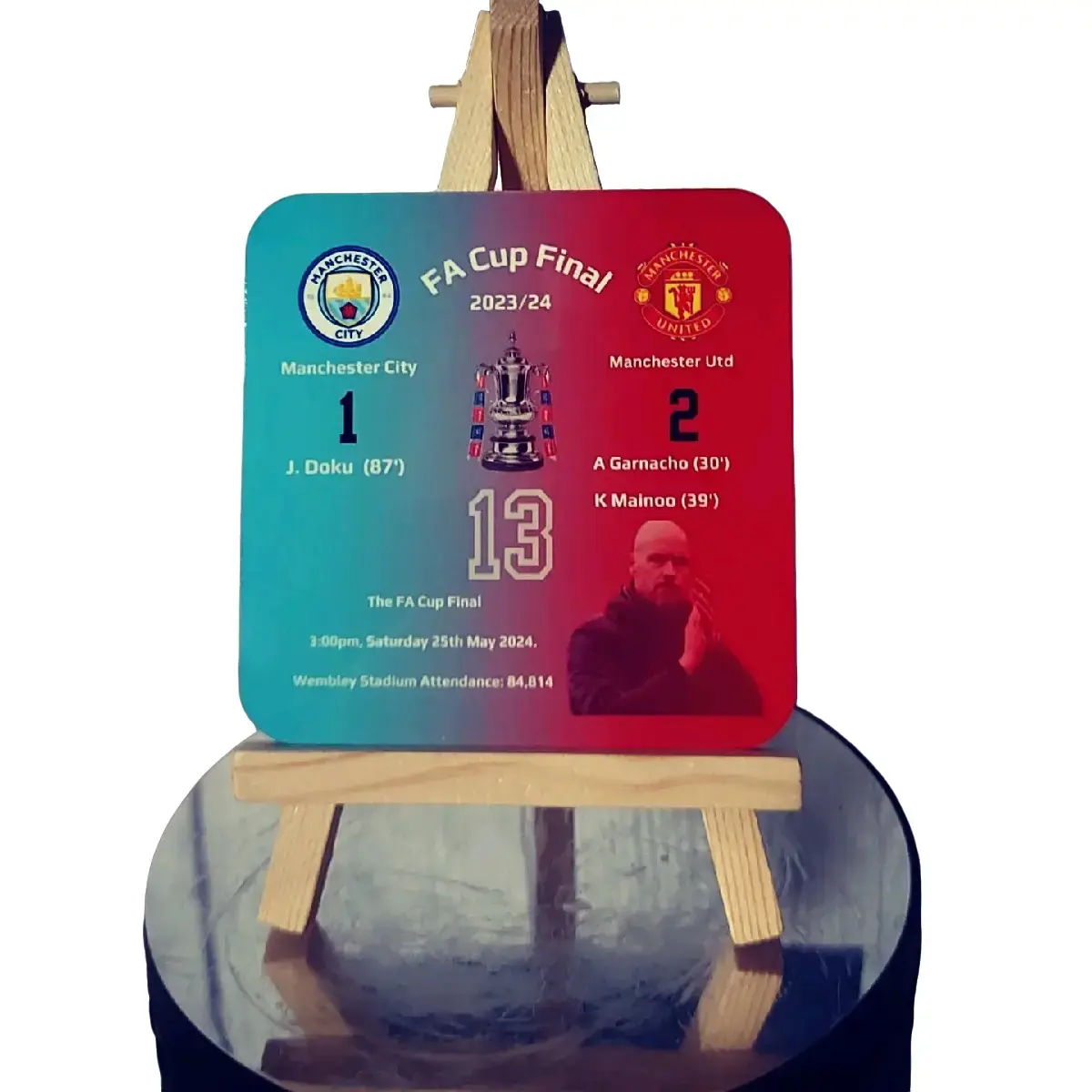 SublimationKreations.NI Manchester Utd FA Cup Commemorative Coasters Set with Match Day Stats, Goals and Goal Scorer