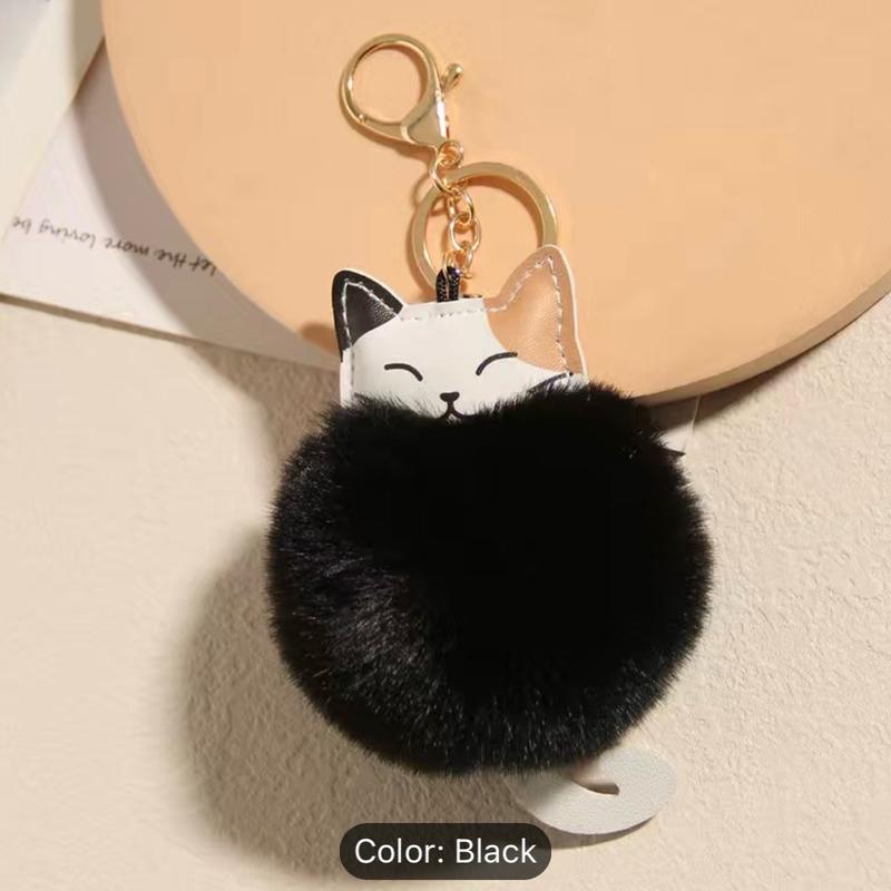 Fur Ball Lovely Smiley Cat Head Key Chain For Women's Bag Or Cellphone Or Car Pendant Cartoon Cat & Pom Pom Decor Bag Charm Key Ring 2