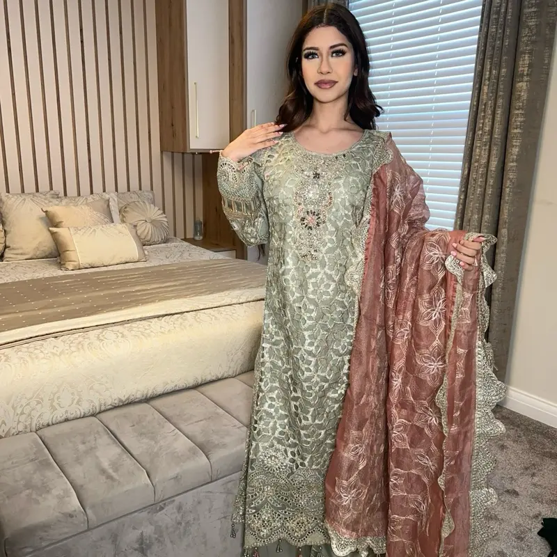 Caira sage green outfit with rust Duppatta 4
