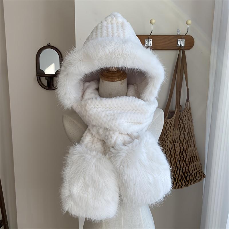 Product Introduction of Women's Faux Fur Hooded Balaclava - Polyester Knitted Winter Scarf with Ear Warmer & Toggle Closure - Thick Fleece Lined Thermal Hat for Outdoor Wind Protection 1