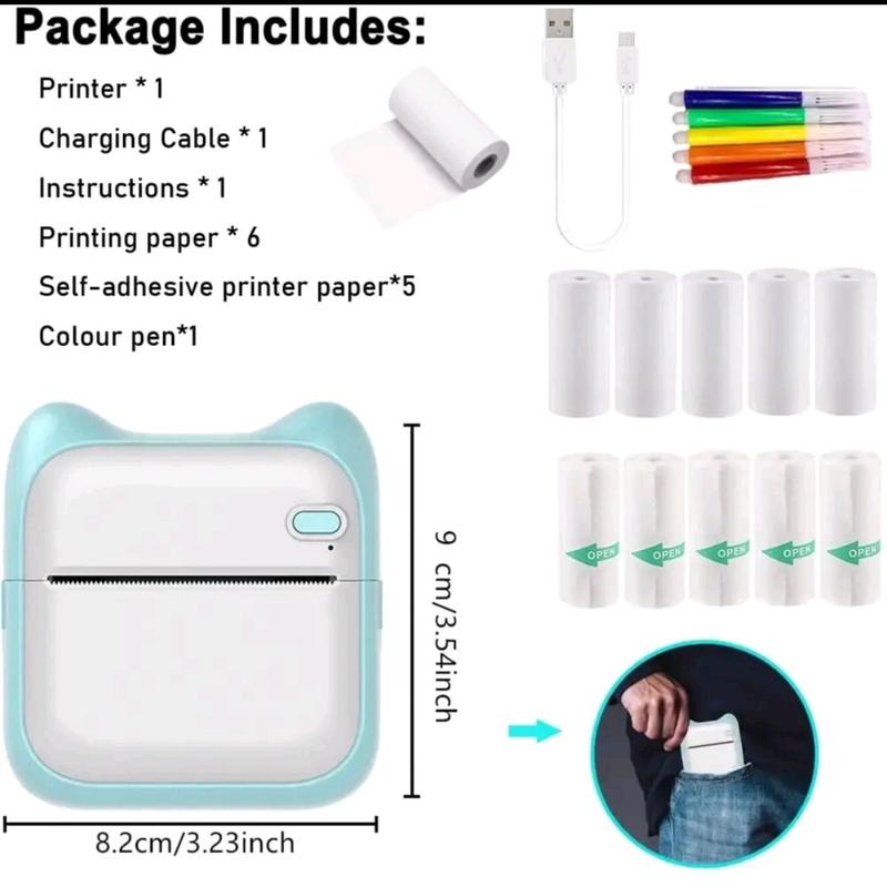 Portable Wireless Thermal printer, 1 Set Rechargeable Instant Photo Printer Peper, Mini Bluetooth Printer for home & Office, Pocket Printer, Wireless Mini Stiker Printer with 10 Rolls Thermal Paper, Portable for Notes Journal Photo Printing. 7