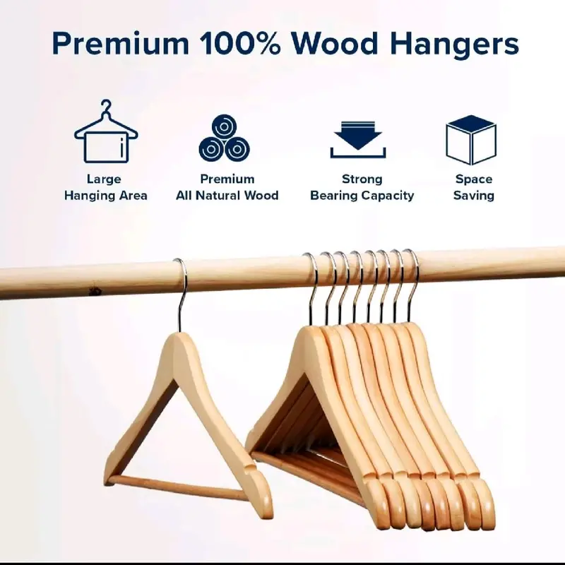 Wooden Coat Hangers Suit Garments Clothes Wood Hanger Trouser Bar Set 10/20/40 - Home Organizer - Hanging, Organiser 2