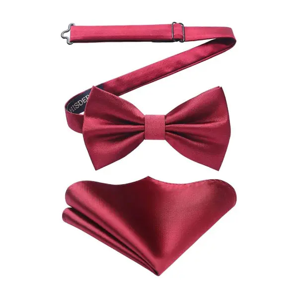 Men's Solid Color Pre-tied Bow Tie Adjustable Tuxedo Two Layer Bow Tie and Pocket Square Set with Gift Box 1