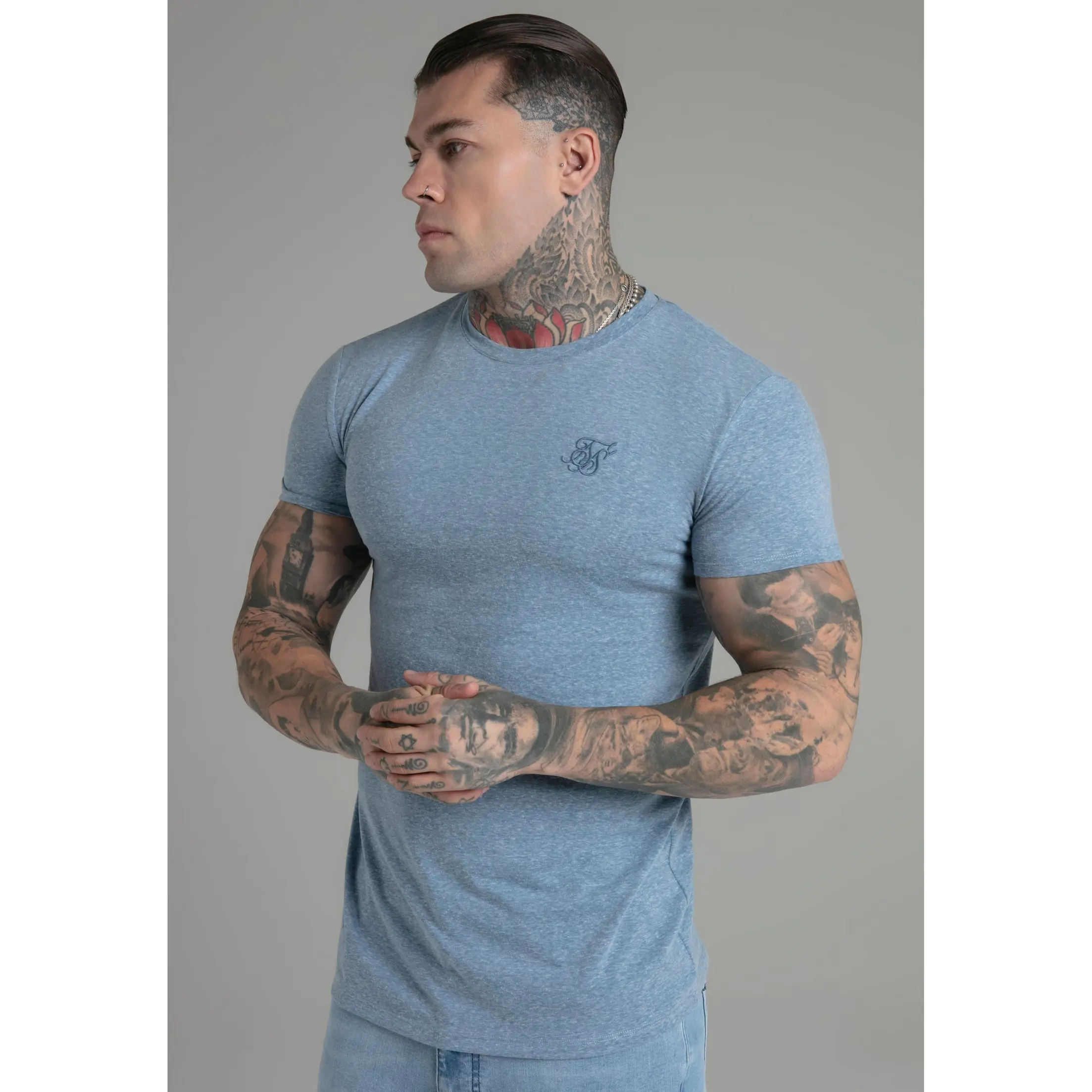 SikSilk Blue Marl T-Shirt Muscle Fit Stretch Fabric