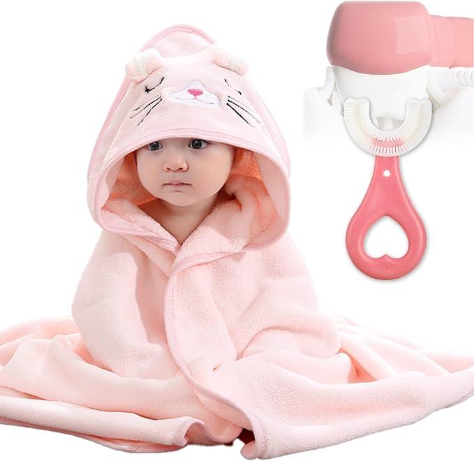 2PCS Hooded Baby Towel, Baby Bath Towel, Bathing Towel for Kids Babies, Unique Animal Design, Soft Absorbent, for Newborn Baby Boy and Girl (pink) 0