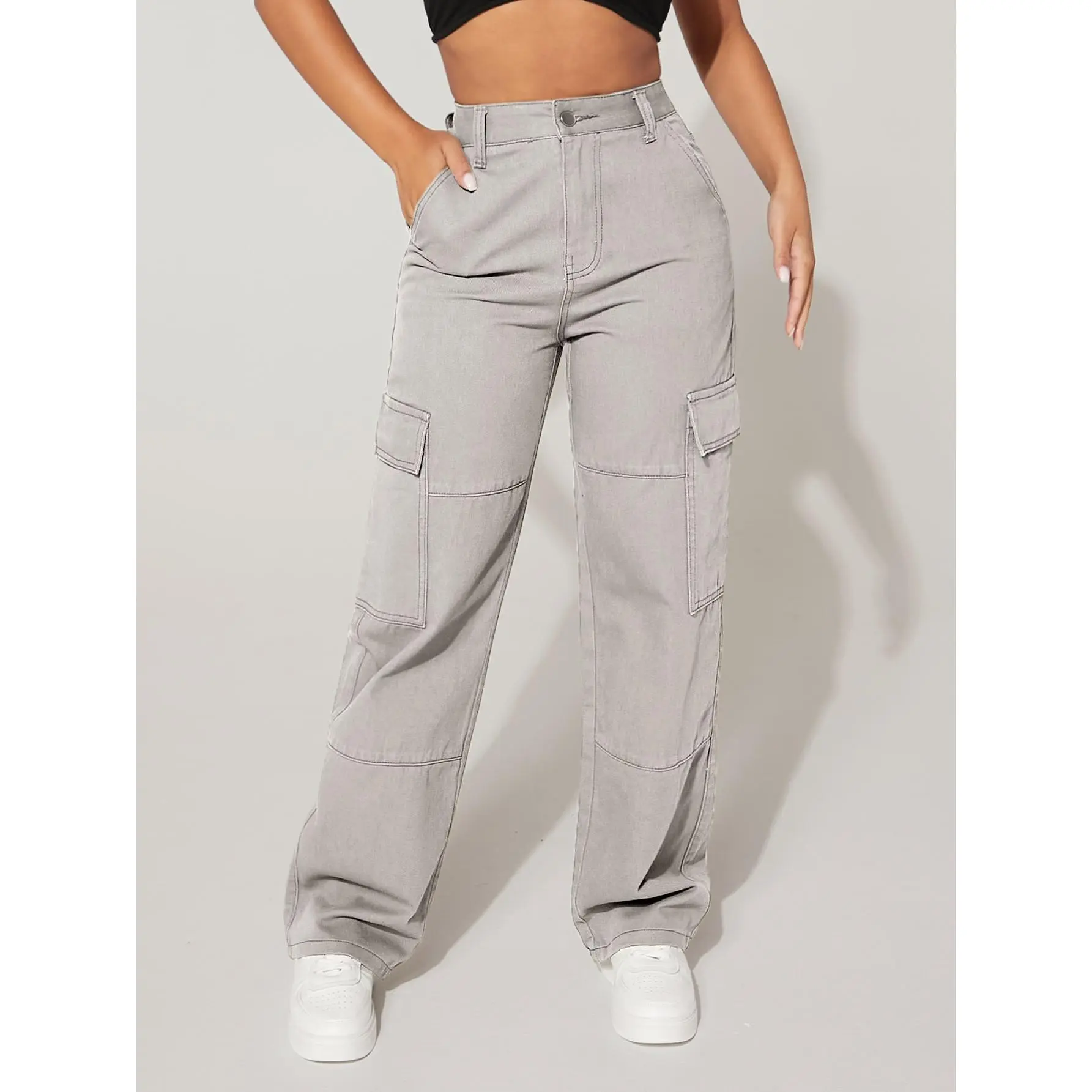 PETITE High Waist Flap Pocket Cargo Jeans,Ladies Casual Button,Pocket,Zipper High Waist Straight Leg Long Light Grey Cotton Cargo Pants Regular Fit Women Jeans,Spring/Fall,Outdoor Activities