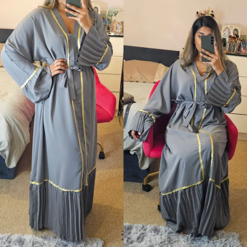 Women's Gold Trim Abaya V-Neck Bell Sleeve Pleat edge Belted Maxi dress, Modest Fashion, Arabian Islamic Clothing, One Size 10 to 14 4