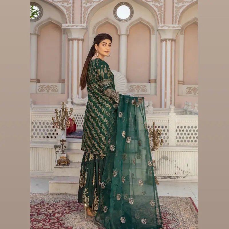 Beautiful Party Wear Embroidered & Digital Print 3pc Suit With Printed Gharara & Embroidered Net Dupatta 1