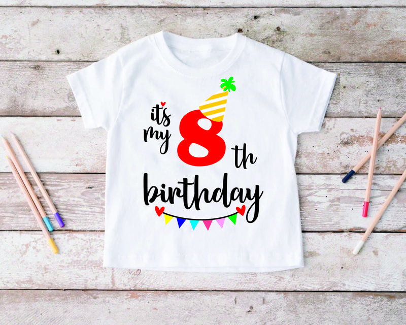 8th Birthday Gift T-Shirt 8 Years Old Birthday Party Boys Girls Kids Cotton Tee 7