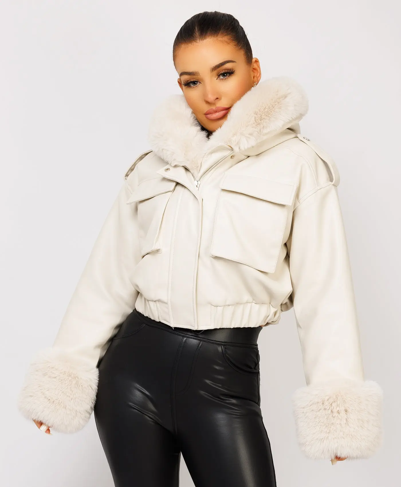 Lexi Fashion Women's Vegan Leather Faux Fur Trim Cuff Collar Hooded Cropped Pocketed Zipped PU PVC Fluffy Soft Bomber Biker Coat Jacket Beige UK Size Comfort Winter