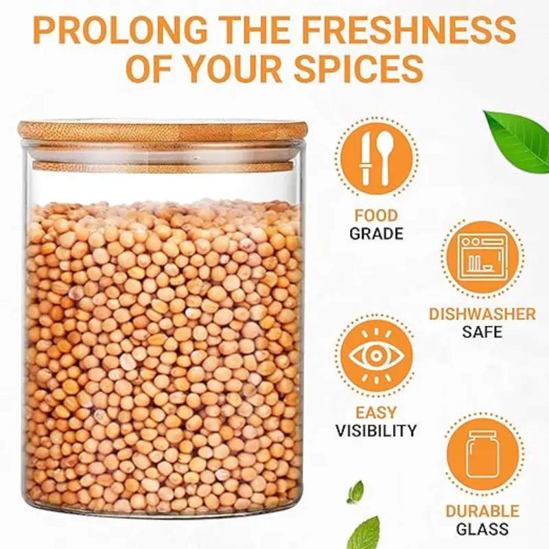 Fast Shipping -  Premium Spice Jars with lids and labels – Spice Jars 12 pack with 116 labels – Kitchen Cereal Storage & organization of Spice Jars with Bamboo Lids. Herbs, Coffee, Seeds, Nuts Container, 200ml-250ml 5