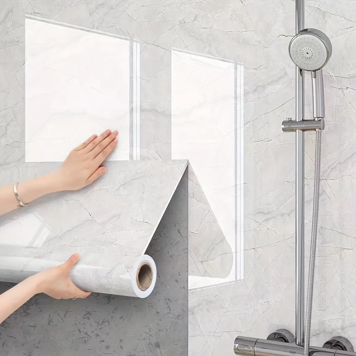 Self-Adhesive Waterproof Bathroom Wallpaper - Easy Apply, Moisture-Resistant Marble Tile Stickers for Toilet & Kitchen Renovation