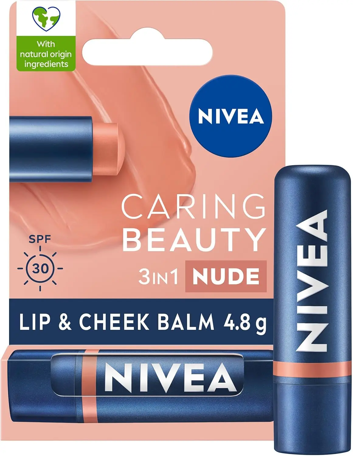 NIVEA Caring Beauty Nude Lip Balm SPF30 (4.8g), 3-in-1 Buttery Lip and Cheek Tint, Rich Colour and 24H Moisturisation with SPF 30 Protection Skincare Skincare Comfort Hydrate Moisturizer Moisturizer Moisture Moisturize Moisturizing Nourishing  Soothing