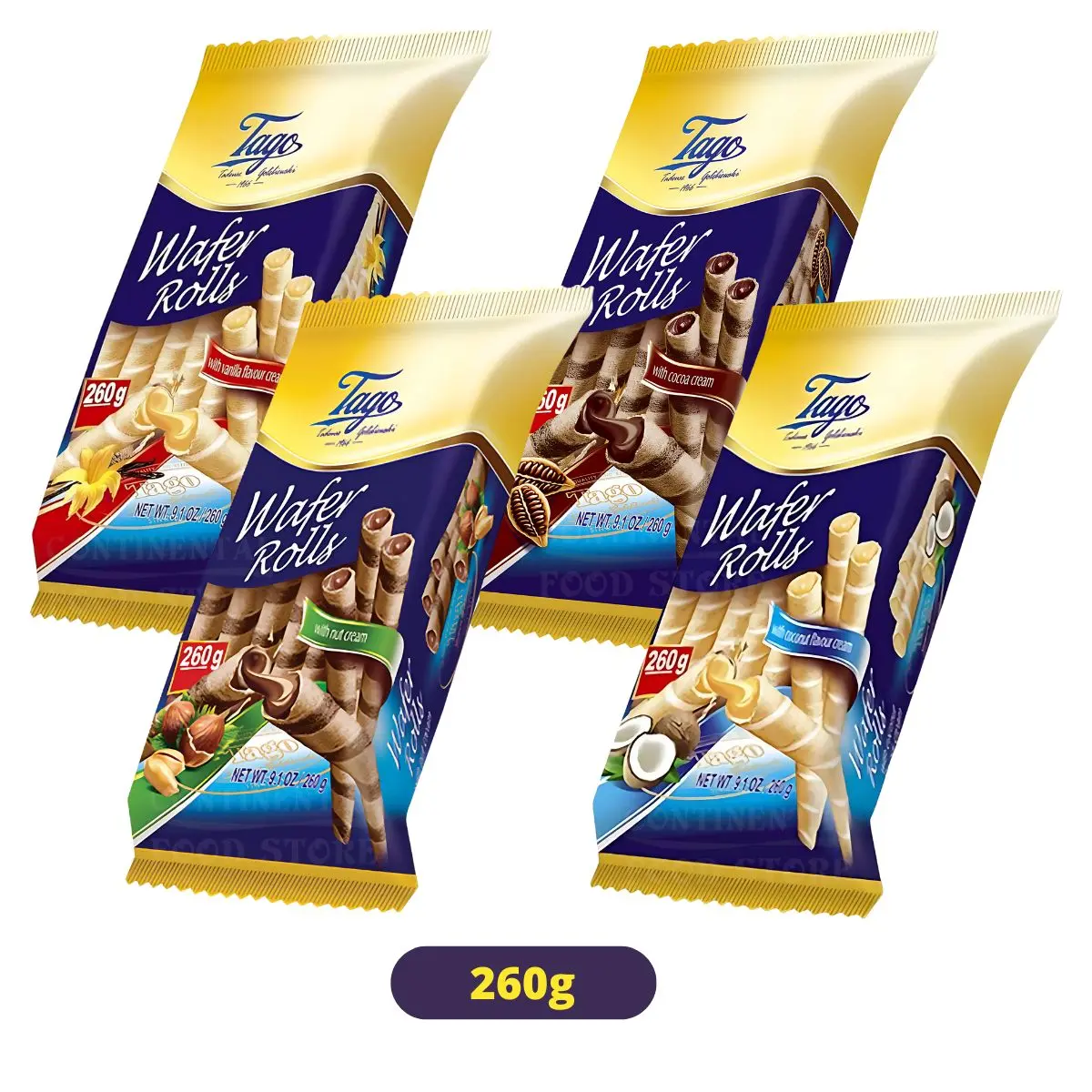 Tago - Wafer Rolls 4 Flavours To Choose From - Larger 260g Pack - Delicious International Snacks with Cocoa Cream, Hazelnuts, Vanilla Cream, and Coconut Cream