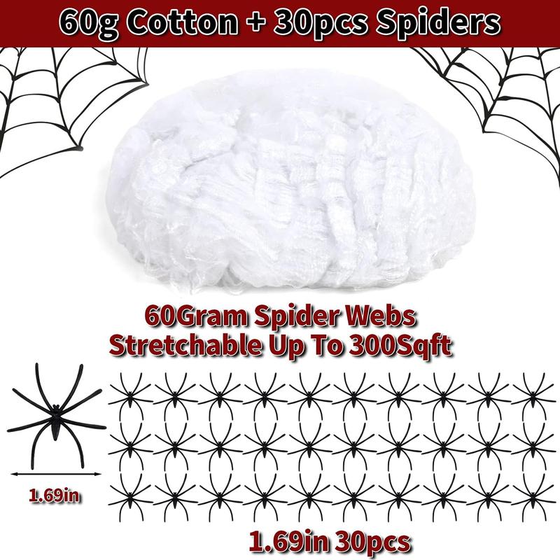 60g Halloween Spider Web Decoration with 30PCS Realistic Fake Spiders - Stretchable Cobwebs for Halloween 2024 | Trendy Halloween Aesthetic Décor for Parties | Spooky Nostalgic Decorations for TikTok Trends | Perfect for Halloween Plastic Room Ornaments 1