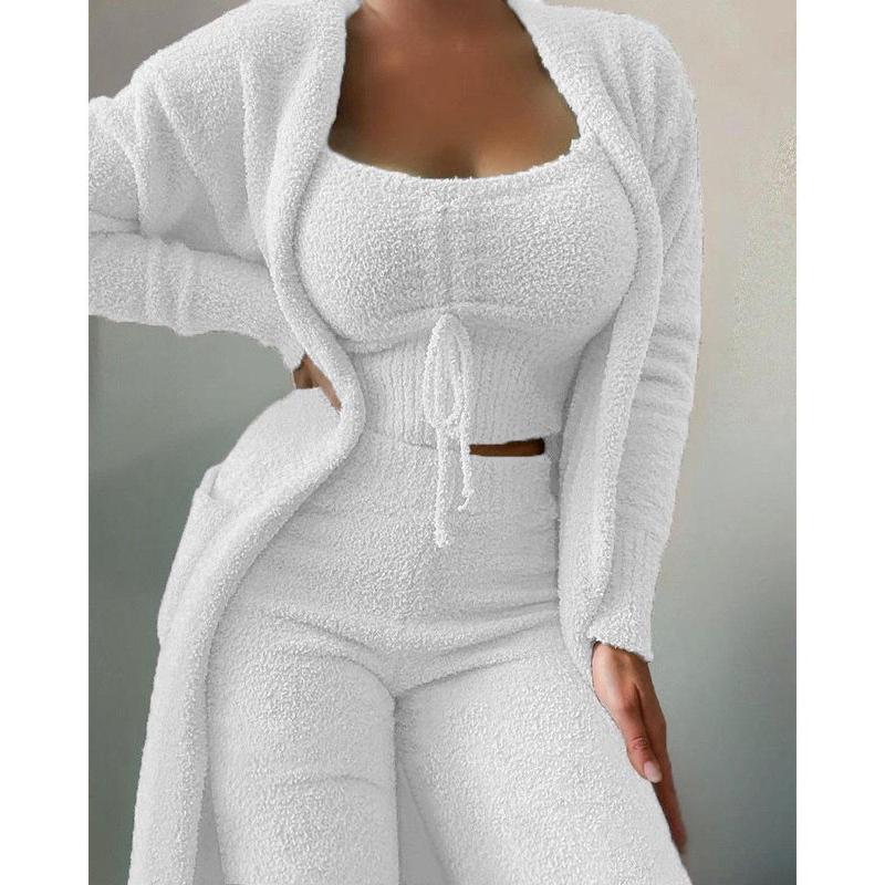 2024 New Winter Women's Velvet Pajamas Set Crop Top+Long Pants+Coat 3 Pieces Suit Warm Soft Fleece Homewear Pyjamas S-3XL 4