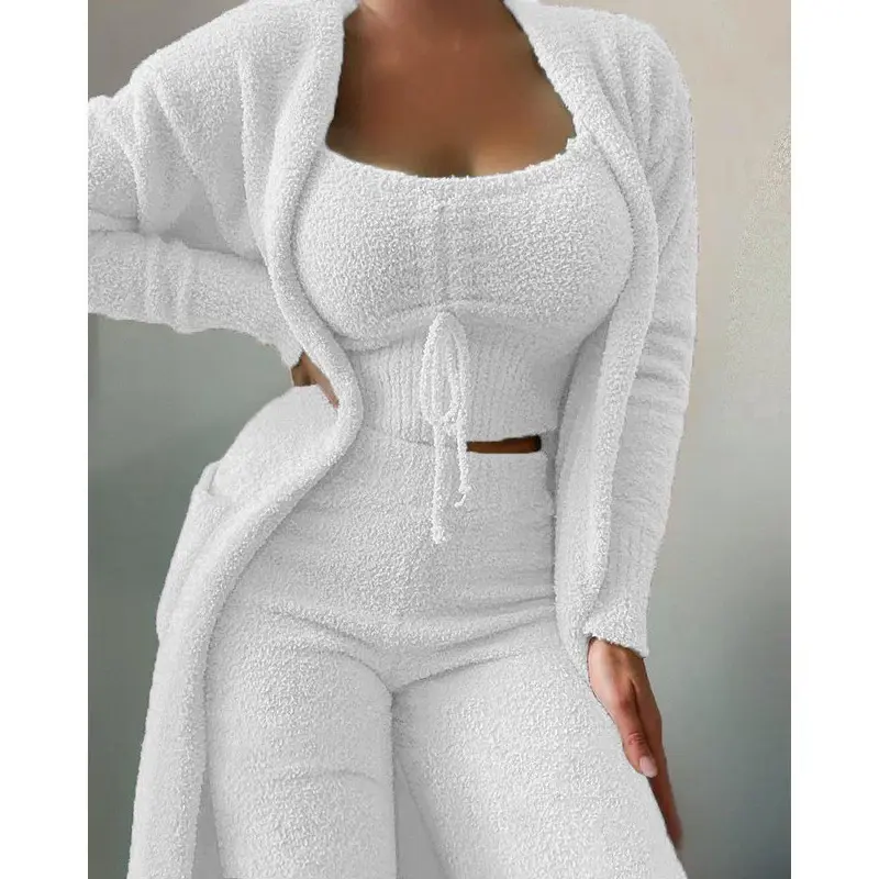 2024 New Winter Women's Velvet Pajamas Set Crop Top+Long Pants+Coat 3 Pieces Suit Warm Soft Fleece Homewear Pyjamas S-3XL 4